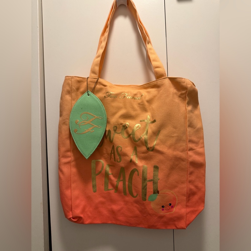 Too Faced Peach and Green Tote Bag